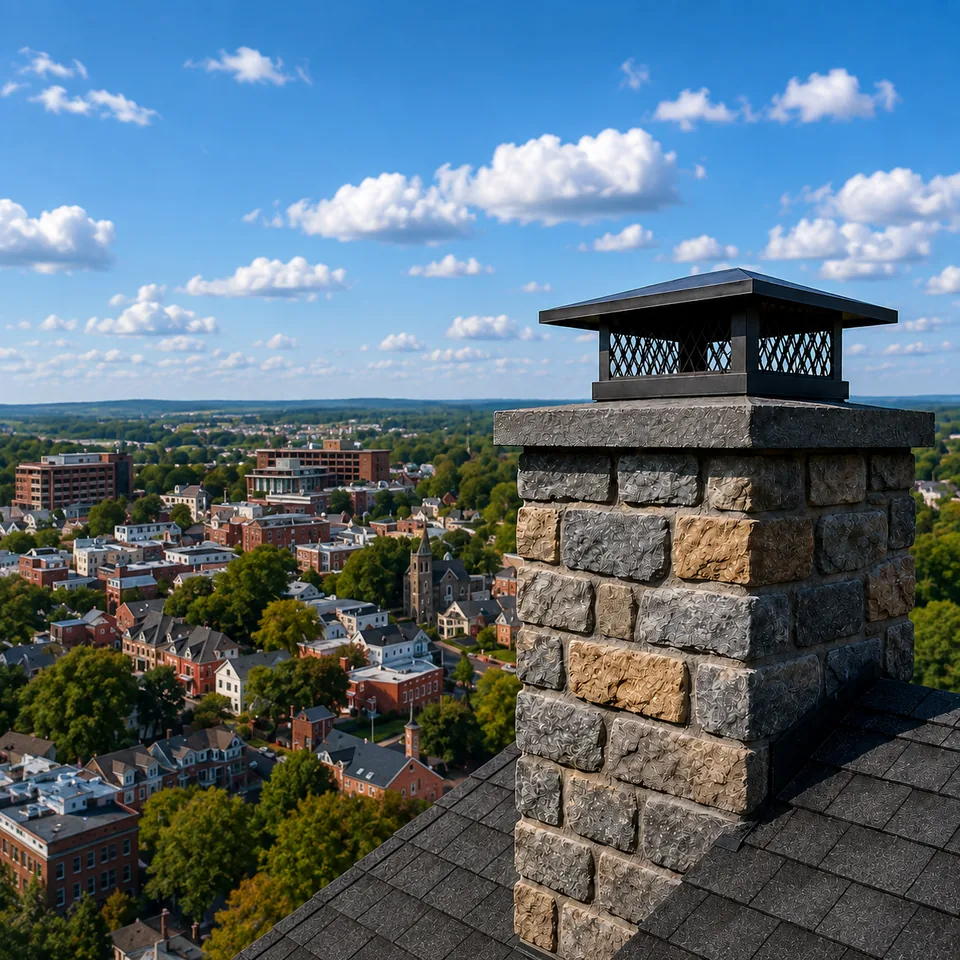 Stone chimney overlooking a Bucks County, Pennsylvania community