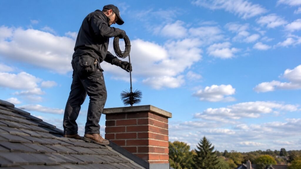 Bucks Chimney technician cleaning a brick chimney from the rooftop in Bucks County, Pennsylvania