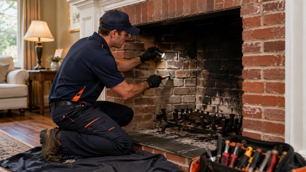 Bucks Chimney technician inspecting and repairing a brick fireplace in Bucks County, Pennsylvania