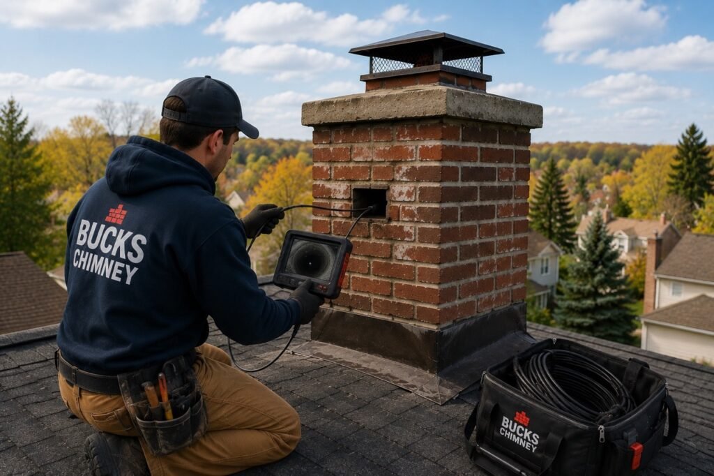 Chimney inspection camera used by a Bucks Chimney technician in Bucks County, Pennsylvania