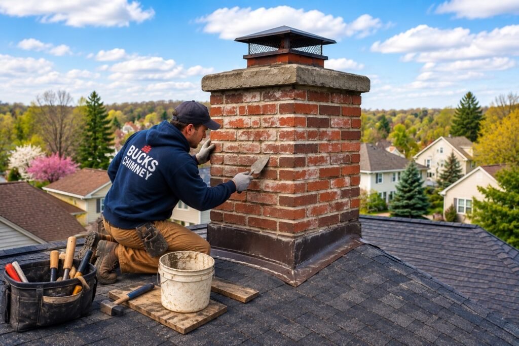 Bucks Chimney technician repairing a brick chimney