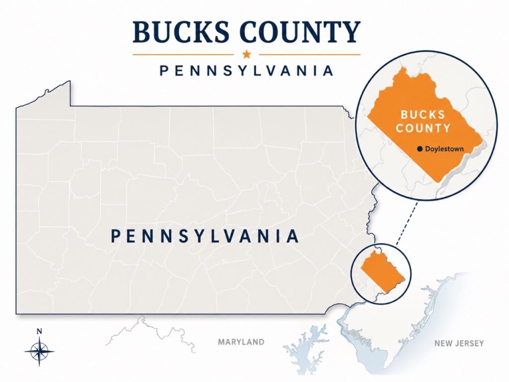 Map showing the location of Bucks County and Doylestown in Pennsylvania