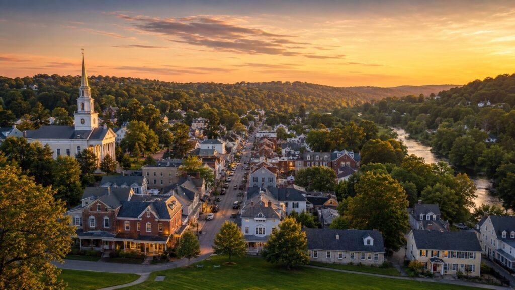 Aerial view of Newtown, Pennsylvania at sunset with historic homes, church steeple and tree-lined streets